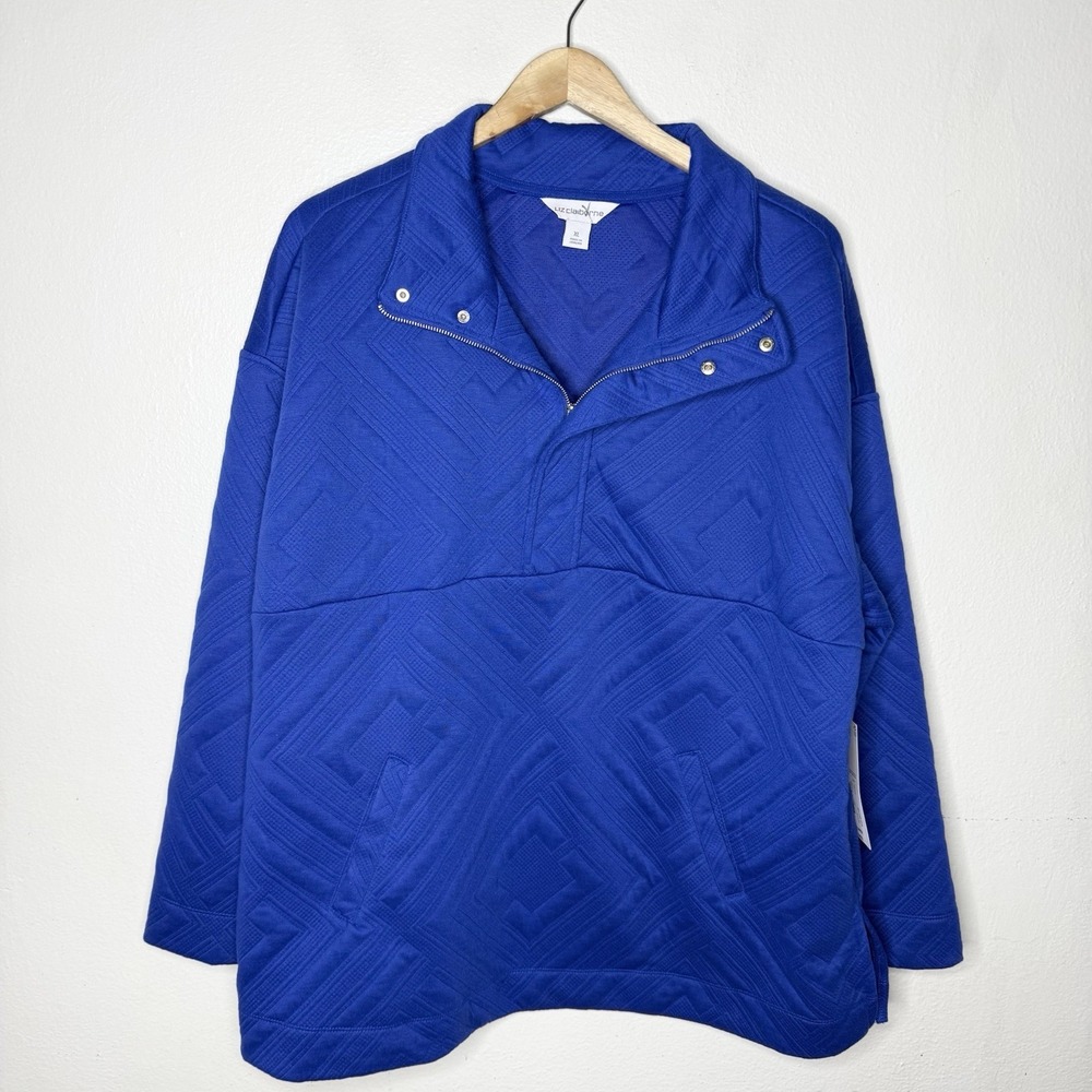 Liz Claiborne Blue Bold Logo Sweater Top Long Sleeve Womens XL 1/4 Zip Pulloverโ